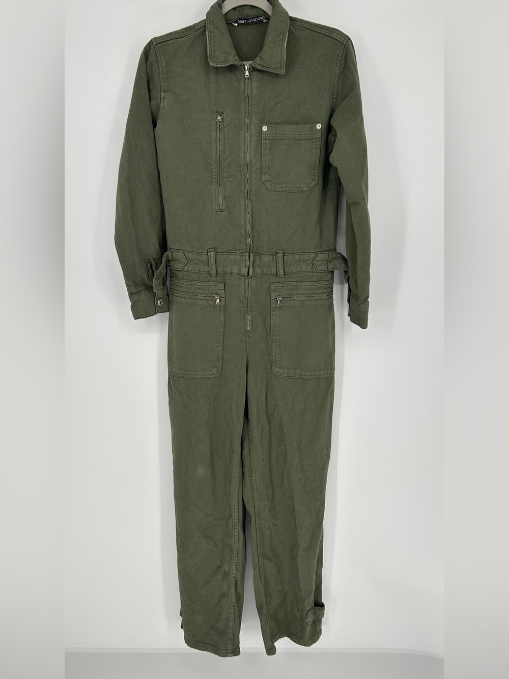 Zara Olive Green Utility Jumpsuit Womens Small Zip Front Workwear Coverall